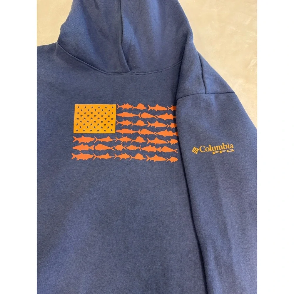 Columbia PFG Boys XL Blue Hoodie Fish Flag Graphic Pullover‎ Sweatshirt 18/20